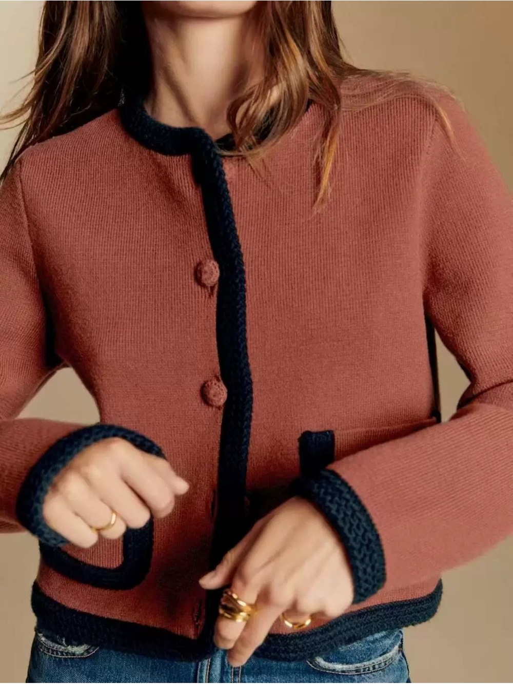 Sezane Auguste Wool Blended Classic Contrast-Trim Cardigan size M